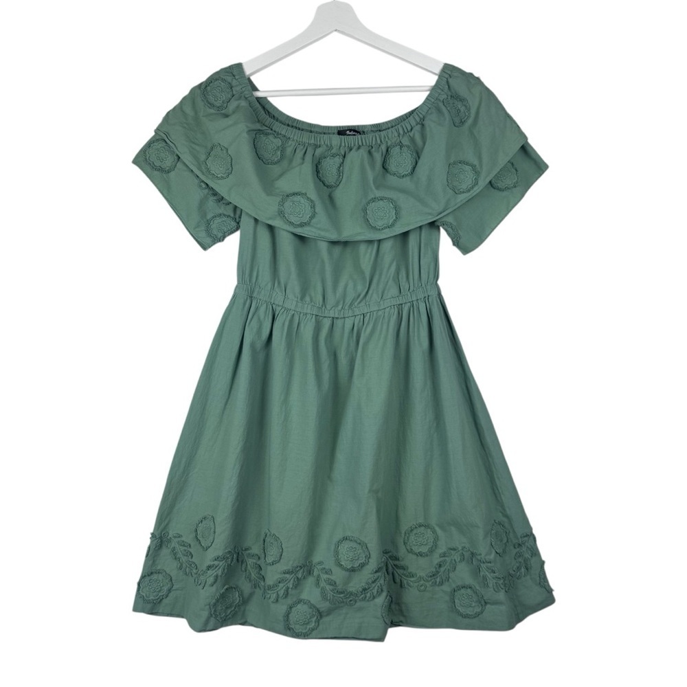 Madewell Green Appliquéd Off-the-Shoulder Mini Dress Size 4 Embroidery Cotton